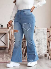 SHEIN LUNE Jeans casuales de talla grande para mujer con bolsillo y bota acampanada rotos