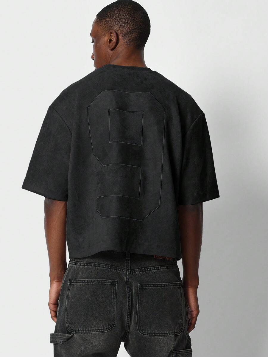 SUMWON Crop Fit Suedette Short Sleeve Tee With Back Number Embroidery - Black - View 1