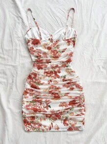 Soleia WYWH Dames Vakantie Gerimpelde Mesh Rozenprint Spaghettiband Mini Zomerjurk