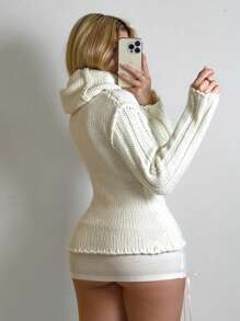 SHEIN Unity Solid Color Long Sleeve Ball Decor Loose Casual Hooded Sweater, Winter, Knit Pullover Fall - Apricot - View 2