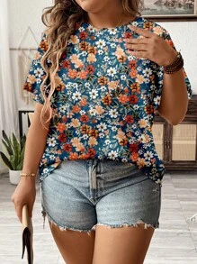 EMERY ROSE Casual Floral Loose Round Neck Short Sleeve Plus Size Shirt, Summer