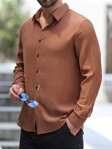 Manfinity Mode Áo sơ mi nam tay dài màu trơn thường ngày đi làm, mùa xuân và mùa hè - màu nâu - Xem 7