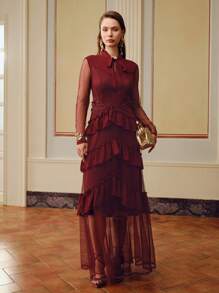 ZEYLAH DOBBY MESH TIE NECK LAYERED RUFFLE TRIM Dress