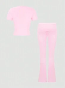 情人节休闲纯色修身短袖上衣和喇叭裤针织运动两件套