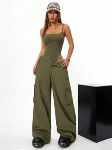 Coolane 2 件套女士时尚休闲宽松连体裤搭配阔腿裤套装，春夏 - 軍綠色 - 查看 4