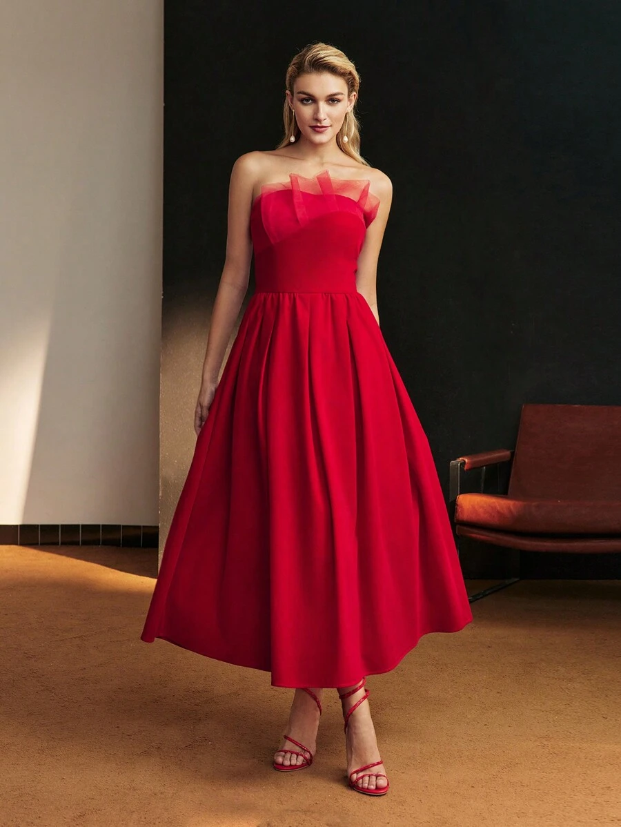 MOTF Soiréza WOMEN'S MESH RUFFLE TRIM FLARE HEM COCKTAIL PARTY TUBE DRESS