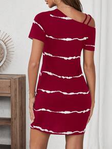 SHEIN LUNE 女士休闲不对称领口褶皱连衣裙 - 酒紅色 - 查看 2