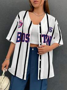 SHEIN EZwear Women's Sport Letter Graphic Striped Drop Shoulder Baseball Jersey Shirt - Multicolor - View 4
