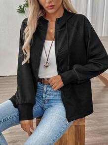 SHEIN LUNE جاكيت كاجوال ذات نسيج مميز مع كابور ذو أكمام راجلان وسحاب للنساء في الربيع والخريف - الأسود - مشاهدة 6