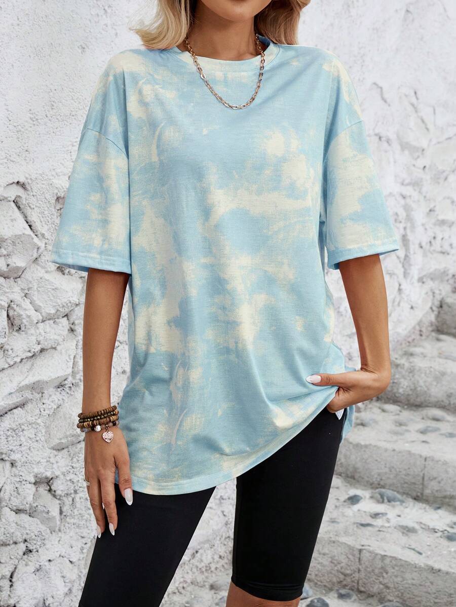 SHEIN LUNE 女式超大圆领落肩基本款扎染 T 恤 - 藍色 - 查看 1