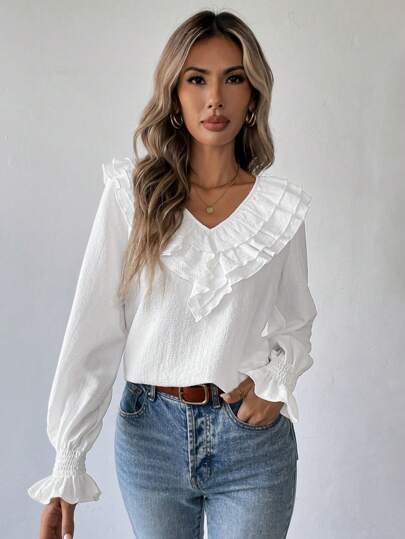 Elenzga Blusa de manga larga elegante para mujer con escote en V y mangas acampanadas, de unicolor, para primavera y otoño, tops de manga larga