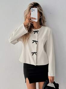 SHEIN Clasi Áo khoác dài tay trang trí nơ thời trang xuân thu cho nữ - Màu be - Xem 5