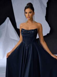 Glamrae Elegancka, ekskluzywna, luksusowa, seksowna, cekinowa i satynowa, patchworkowa, marszczona, wieczorowa, suknia balowa, formalna sukienka na bal, dla gości weselnych, na ukończenie szkoły, sukienka na przyjęcie - Granatowy - Zobacz 1