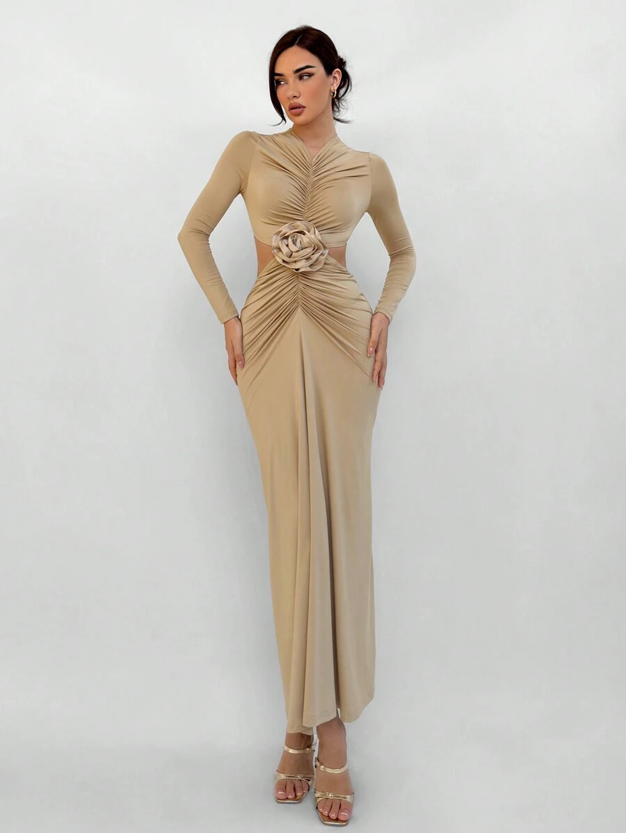 Aloruh Women's Ruched 3D Flower Hollow Out Fitted Elegant Dress - Khaki - View 1