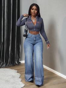 Slaydiva Women's Pocket Decorated Wide-Leg Loose Casual Versatile Jeans