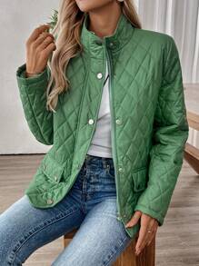 EMERY ROSE Women's Plain Front Button Closure Long Sleeve Pocket Casual Padded Coat