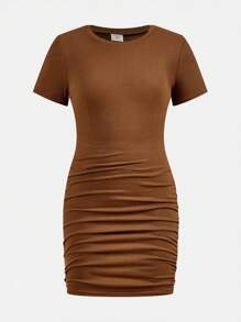 SHEIN 3pcs/Set Tween Girl Solid Color Crew Neck Fitted Casual Short Sleeve Dress Set - Khaki - View 7
