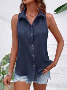 EMERY ROSE Sleeveless Button-Up Minimalist Casual Blouse Women Shirt - Navy Blue - View 4