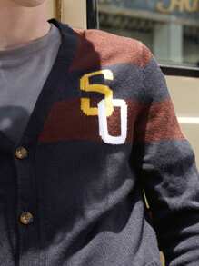 Manfinity Sporsity Jersey minimalista de manga larga con botones delanteros, estampado de letras, bolsillos y diseño de patchwork a rayas para hombre, uso casual diario