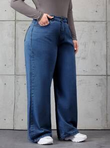 SHEIN Cottnline Women's Solid Color Simple Style Plus Size Jeans - Medium Wash - View 5