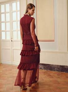 ZEYLAH DOBBY MESH TIE NECK LAYERED RUFFLE TRIM Dress