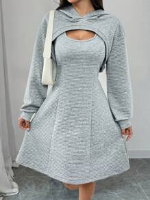 Chiquease 2pcs/Set Spring Summer Casual Solid Color Hooded Cropped Top And Sleeveless Skirt - Grey - View 1