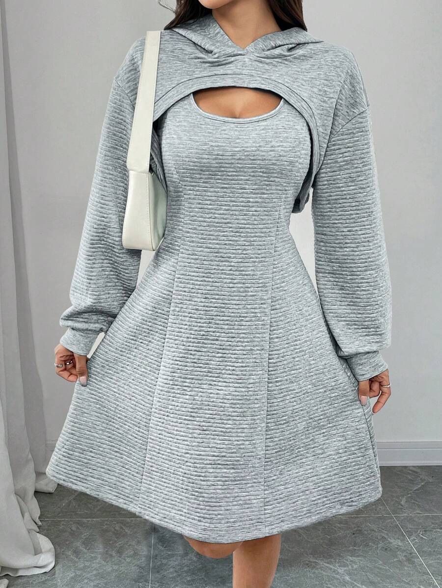 Chiquease 2pcs/Set Spring Summer Casual Solid Color Hooded Cropped Top And Sleeveless Skirt - Grey - View 1