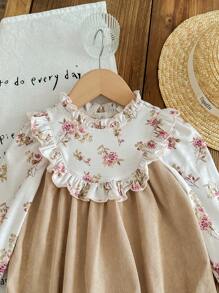 SHEIN LMoss Kids LMoss Baby Girl Newborn Baby Girl Ditsy Floral Bodysuit, Knitted Ruffle Collar Corduroy Patchwork One-Piece Outfit For Holiday & Party - Apricot - View 5