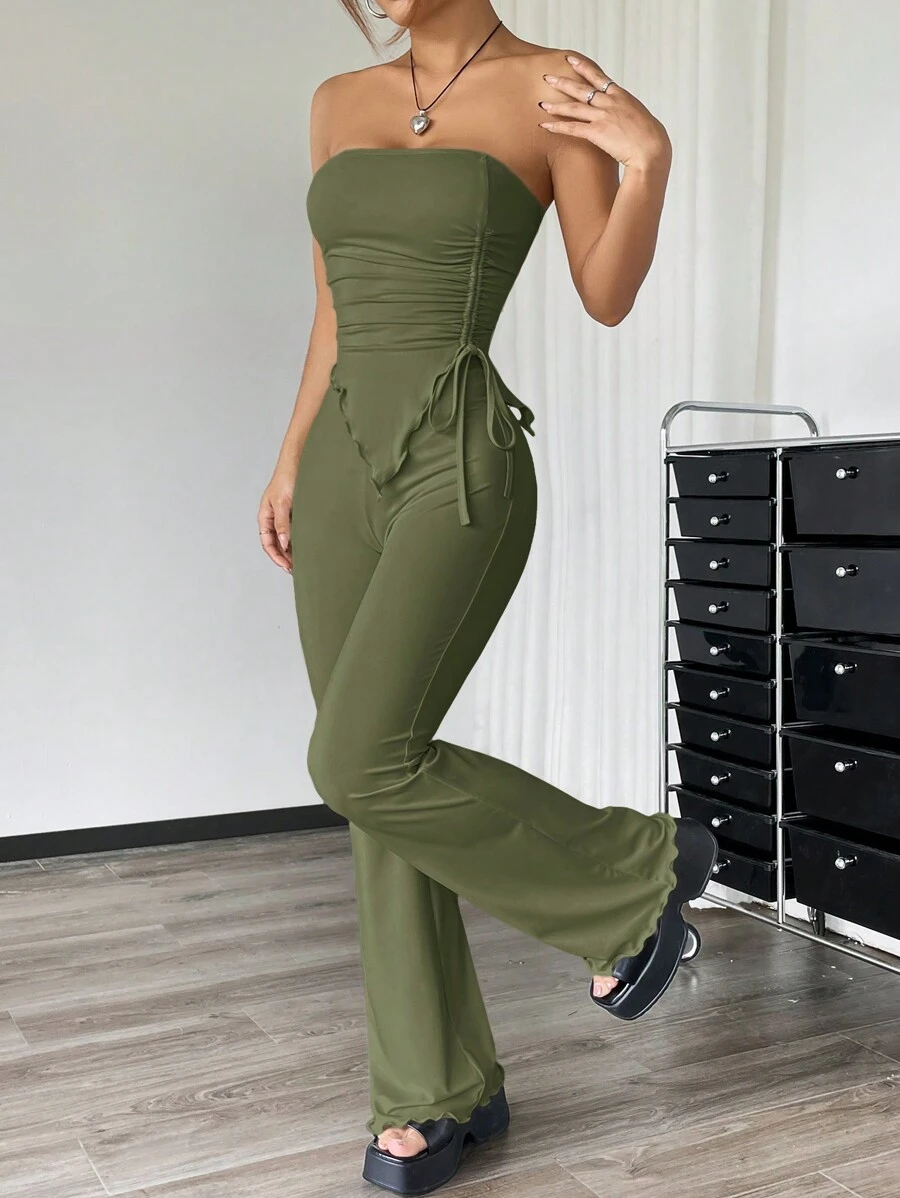 SHEIN EZwear 2 件套：褶皱抹胸上衣，不对称下摆和裤子 - 軍綠色 - 查看 1