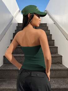 SHEIN EZwear Áo Bandeau dệt kim liền mạch màu xanh lá cây đậm - Màu xanh lá cây đậm - Xem 2