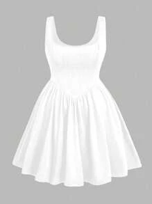 Sweetra 大码纯色宽肩带褶饰简约休闲连衣裙