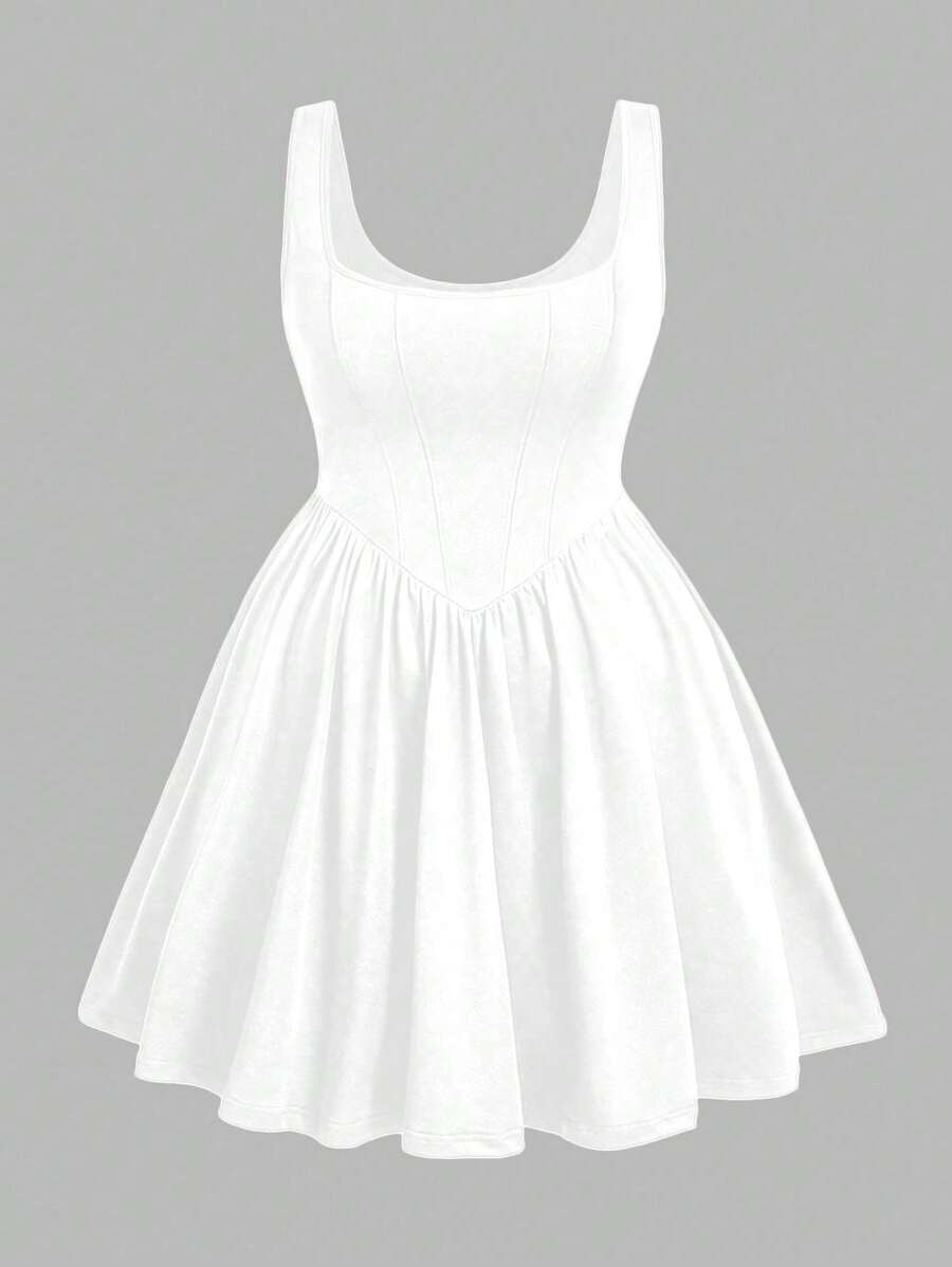 Sweetra 大码纯色宽肩带褶饰简约休闲连衣裙