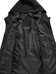 Manfinity Homme Men's Hooded Black Zip-Up Printed Sport Outdoor Windbreaker Jacket, Autumn/Winter, Going Out Hooded Black Long Sleeve Light Jacket, For Friends, Husband, Boyfriend Gifts