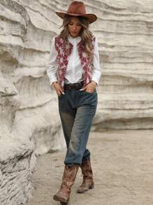 GENKIRA Chaleco/chaqueta de cuello redondo con decoración de bordado y bloques de color en un estilo elegante y aleatorio para el diario - Burdeos - Ver 6