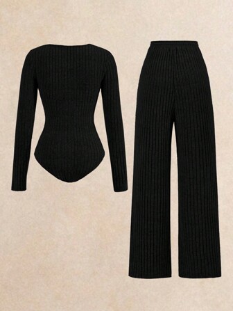 Poéselle 2st Rib Bodysuit & Byx Set, Comfy Loungewear Workout Set, Tracksuit, Casual Style, Långärmad Body och Vida Ben Byxor, Autumn Winter Basic Essential, Baggy Byxor, Långärmad, Vinterkläder