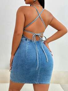 SHEIN SXY 女士纯色挂脖露背无袖牛仔连衣裙 - 淺色水洗藍 - 查看 2