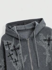 ROMWE Grunge Punk Áo nỉ trùm đầu tay dài có khóa kéo in hình chữ thập trễ vai dành cho nữ vào mùa thu đông, áo dài tay - Màu xám đen - Xem 2