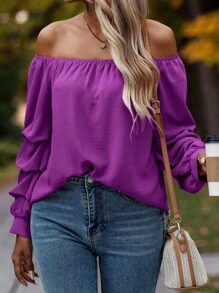 SHEIN Clasi 女式不对称长袖纯色露肩衬衫 - 紫色 - 查看 5