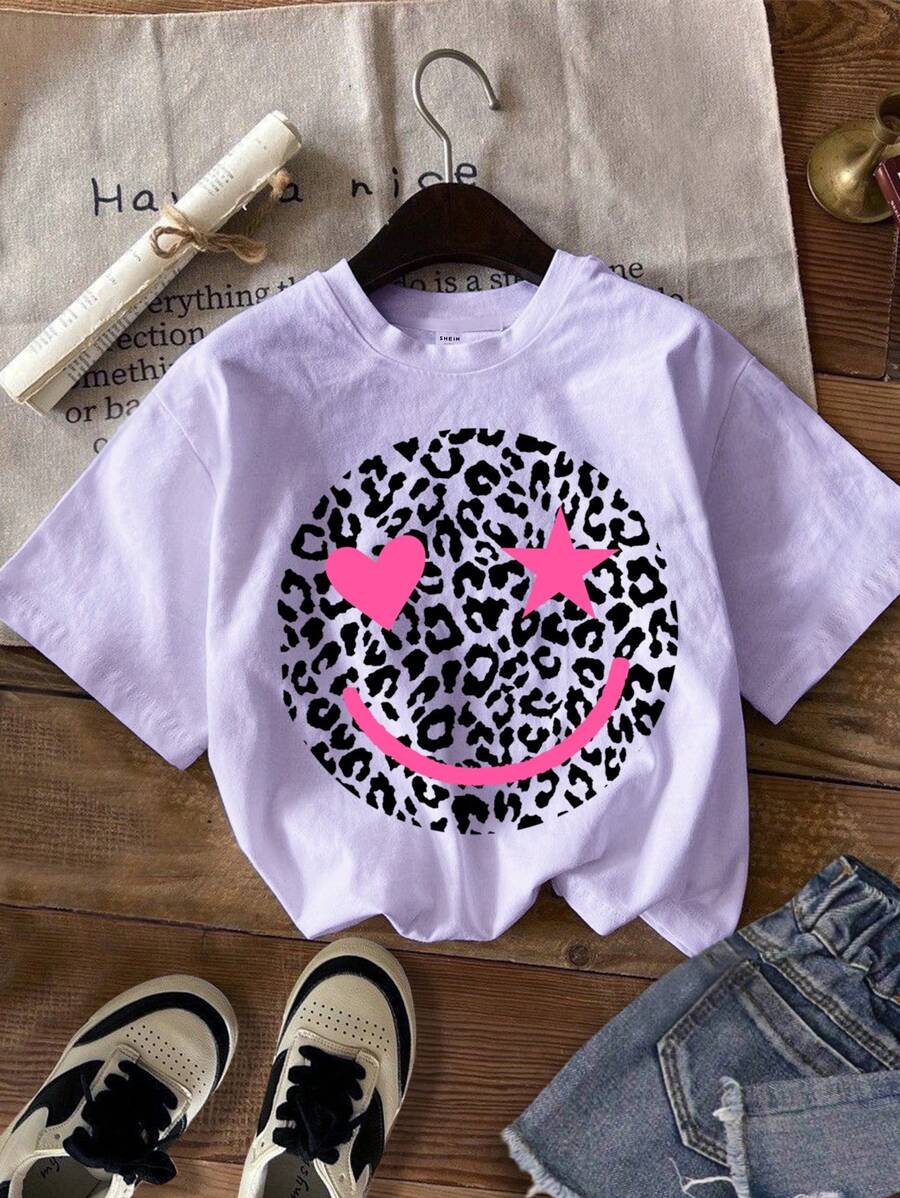 SHEIN Leap Crew Tween Girl Simple Round Neck Short Sleeve T-Shirt, Suitable For Spring And Summer - Purple - View 1