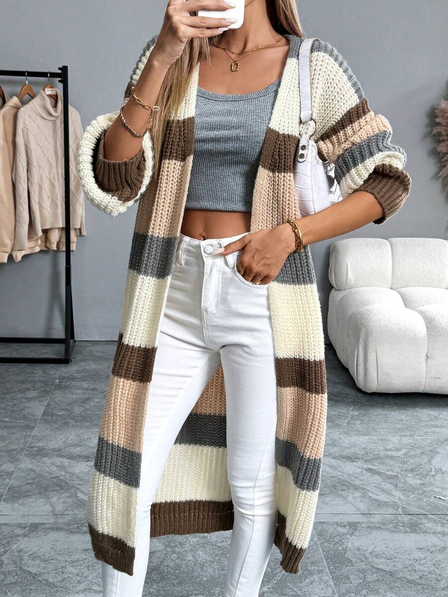 Chiquease Áo khoác cardigan dài chắp vá màu sắc thường ngày cho nữ, mùa thu đông - Nhiều màu - Xem 1
