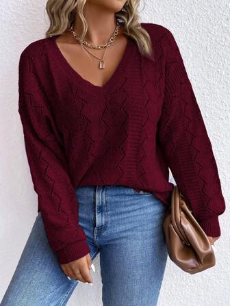 EMERY ROSE Pull basique à manches longues, encolure en V ajourée, couleur unie, pour femmes grandes tailles, couleur bordeaux, convient pour les déplacements en automne/hiver