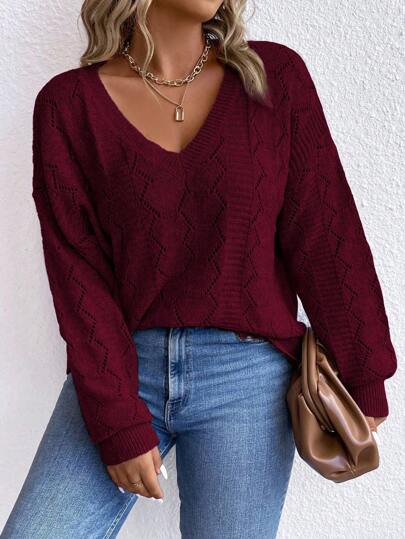 Plus Size Women's Solid Color V-Neck Hollow Out Long Sleeve Casual Pullover Sweater, Burgundy, Autumn/Winter