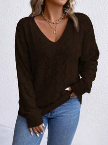 EMERY ROSE Suéter holgado de manga larga con cuello en V y hombros caídos, estilo suelto para mujer de talla grande, para otoño/invierno, jersey de punto - Marrón - Ver 3