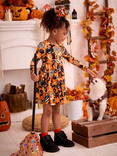 SHEIN Young Girls Knitted Halloween Cat, Pumpkin, Ghost, Spider Web Pattern Round Neck Casual Dress