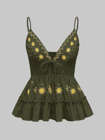 Camiseta de tirantes con volantes y bordado hippie con lazo frontal para mujer