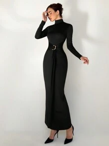 Aloruh 冬季新款修身保暖立领长袖收腰连衣裙 - 黑色 - 查看 6