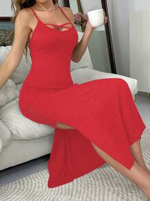 Sleeveless Lace Patchwork Slit Sexy Bodycon Dress - Red - View 1