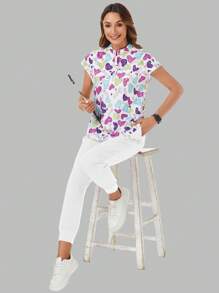 TaskEZ Women Heart Pattern Stand Collar Bat Wing Sleeve Blouse And Pants Uniform Scrub Set - White - View 6