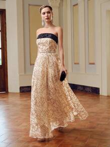 ZEYLAH Vestido tubo sin cinturón con bloques de color y aplicaciones de lentejuelas en malla - Dorado - Ver 7