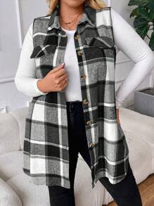 SHEIN CURVE+ Plus Size Plaid Print Flap Detail Sleeveless Buttoned Casual Coat